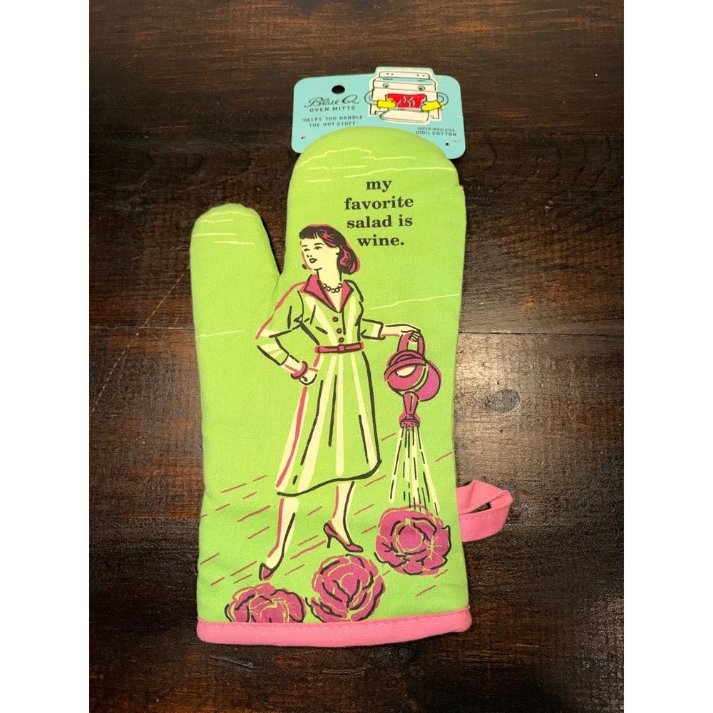 Blue Q My Favorite‎ Salad is Wine Oven Mitt Green Pink Retro Funny Cotton NWT